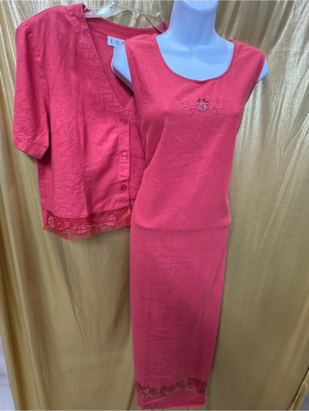Vintage I.S.C. Linen Blend Maxi Dress & Jacket Set Size L Coral Pink Embroidered